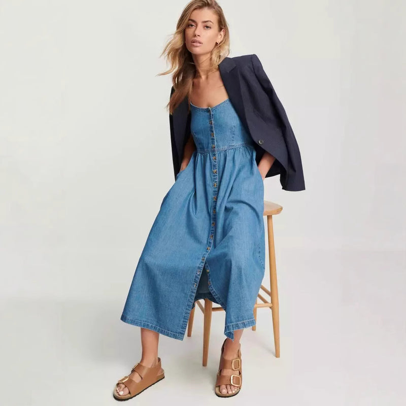 adjustable strap denim dress

button-down cotton denim midi

casual denim outfit for women

sleeveless dress for summer vacation

denim travel dress for women

simple everyday denim dress

