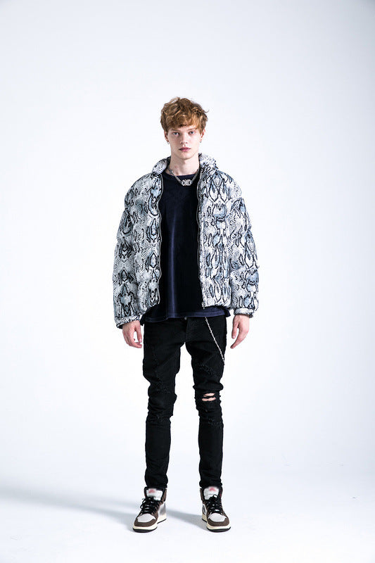 Unisex puffer jacket,
Snake print jacket,
Stand-up collar,
Warm puffer jacket,
Winter wardrobe,
Bold design, Trendy jacket
Unique print jacket,
Warm winter jacket, Snake print design, 
Unisex fit,
Stylish outerwear,
Cold weather jacket,