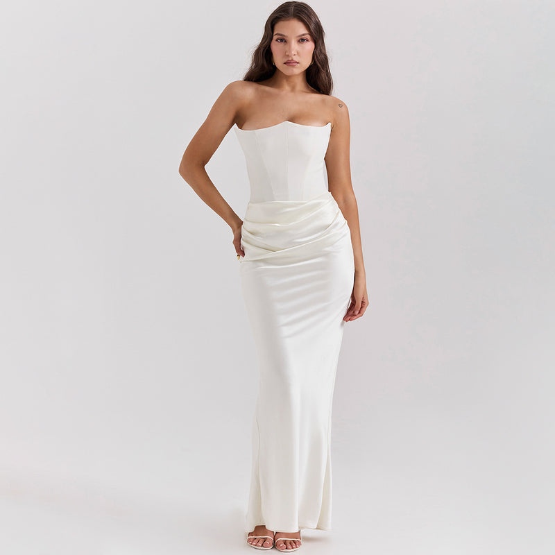 strapless maxi dress
draped maxi dress
formal gown
strapless gown
wedding dress
special occasion dress
elegant dress
sophisticated draped dress
contemporary formal gown
chic strapless maxi dress