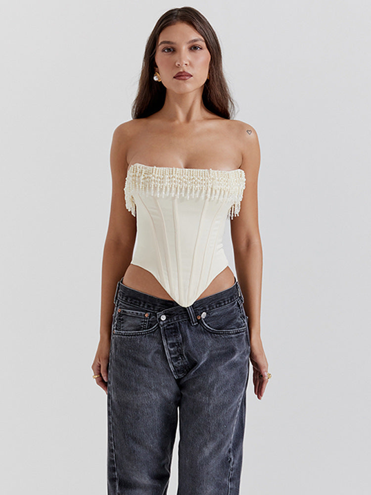 pearl corset top
fringe corset top
strapless bustier
elegant bustier
statement bustier
evening bustier
special occasion top
special occasion pearl corset
embellished pearl corset top
unique pearl corset top
glamorous pearl corset top