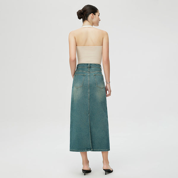 denim maxi skirt, long denim skirt, high-waist jean skirt, vintage straight skirt, casual streetwear skirt, women’s classic denim, maxi skirt 2025, slim denim skirt, timeless fashion skirt