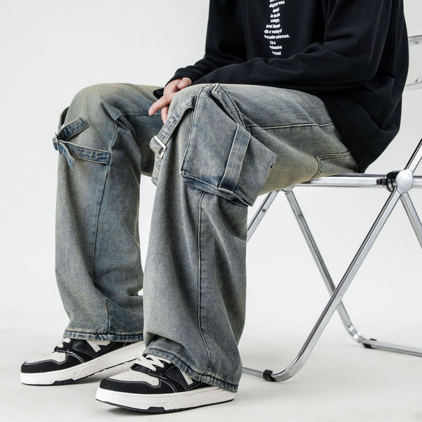 men's cargo jeans, utility denim pants, wide-leg cargo jeans, vintage workwear jeans, streetwear cargo pants, baggy jeans, tactical denim, oversized pocket jeans.