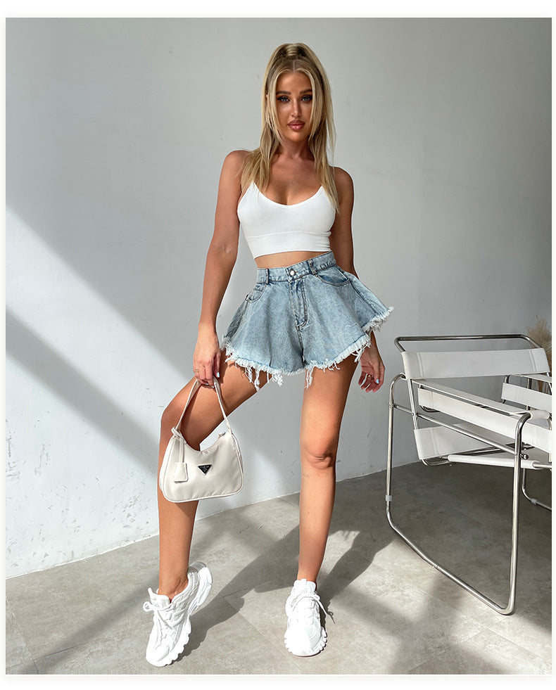 ruffled shorts
denim shorts
high waist shorts
frayed shorts
jean shorts
stylish shorts
trendy frayed shorts
high rise ruffled shorts
playful denim shorts
unique denim shorts
