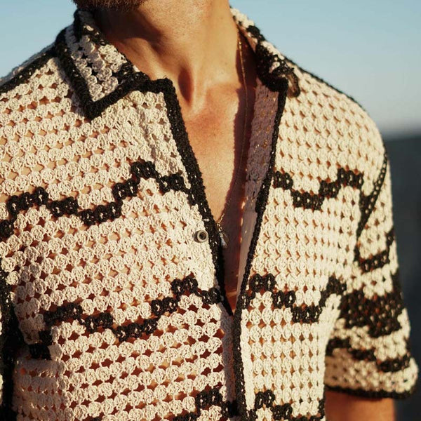 men’s crochet top

festival wear for men

lightweight summer shirt

button-up open knit shirt

bohemian men’s fashion

breathable knitwear for men

relaxed fit summer top

handcrafted men’s shirts

see-through mesh shirt

statement summer shirt