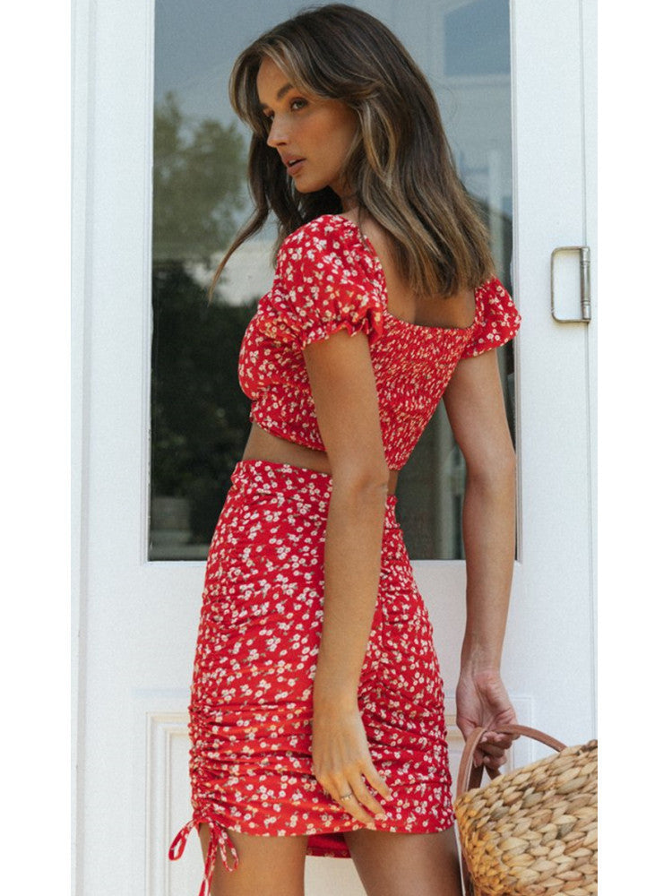 ruched puff sleeve set, boho matching skirt top, cute red floral outfit, summer picnic co-ord, two-piece summer set, women's co-ord, floral skirt set, red crop top set, vacation outfit