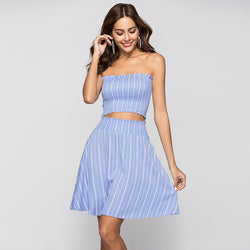 two piece outfit

summer co-ord set

crop top skirt combo

blue striped set

women's beach outfit

strapless summer set

cute vacay look

holiday two piece set

smocked top and skirt

