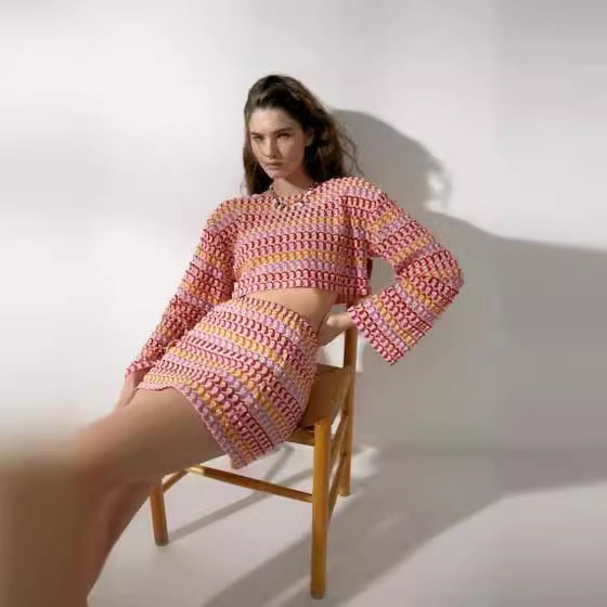 striped crochet co-ord set
long sleeve crochet top skirt
mini skirt crochet set
two piece crochet outfit
textured co-ord set
knit crop top skirt set
fashion crochet set
trendy crochet co ord
stylish knit skirt set
unique crochet two piece