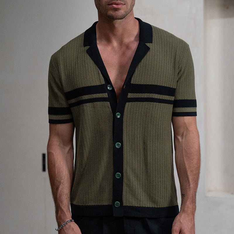 Men’s knit shirt, button-up polo shirt, textured short sleeve top, retro style shirt for men, summer resort shirt, breathable knitwear, vintage casual shirt, contrast collar shirt, lightweight men’s top, stylish beachwear