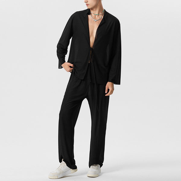 men's lounge set, two-piece men's set, sheer shirt men, vacation outfit men, trendy menswear 2025, lightweight menswear, tie-up shirt set, casual men’s co-ord, men's party outfit, evening wear men, menswear fashion, white sheer outfit men, black tie-up shirt men