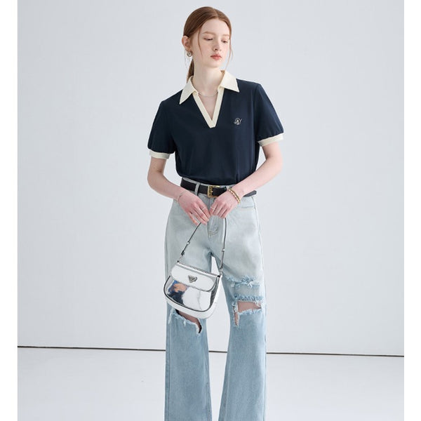 Preppy polo shirt, contrast collar blouse, chic short sleeve top, classic V-neck polo, stylish casual wear.