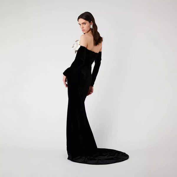 Black velvet gown, off-shoulder evening dress, white floral gown, formal black dress, gala outfit, long elegant dress, luxury evening wear, red carpet dress, fitted formal gown, women’s event dress