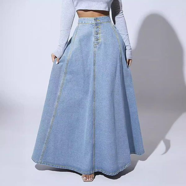 flared denim skirt, high waisted maxi jean skirt, women’s long denim skirts, A-line jean skirt, front button skirt, light blue denim bottom, wide leg denim skirt, casual chic long skirt